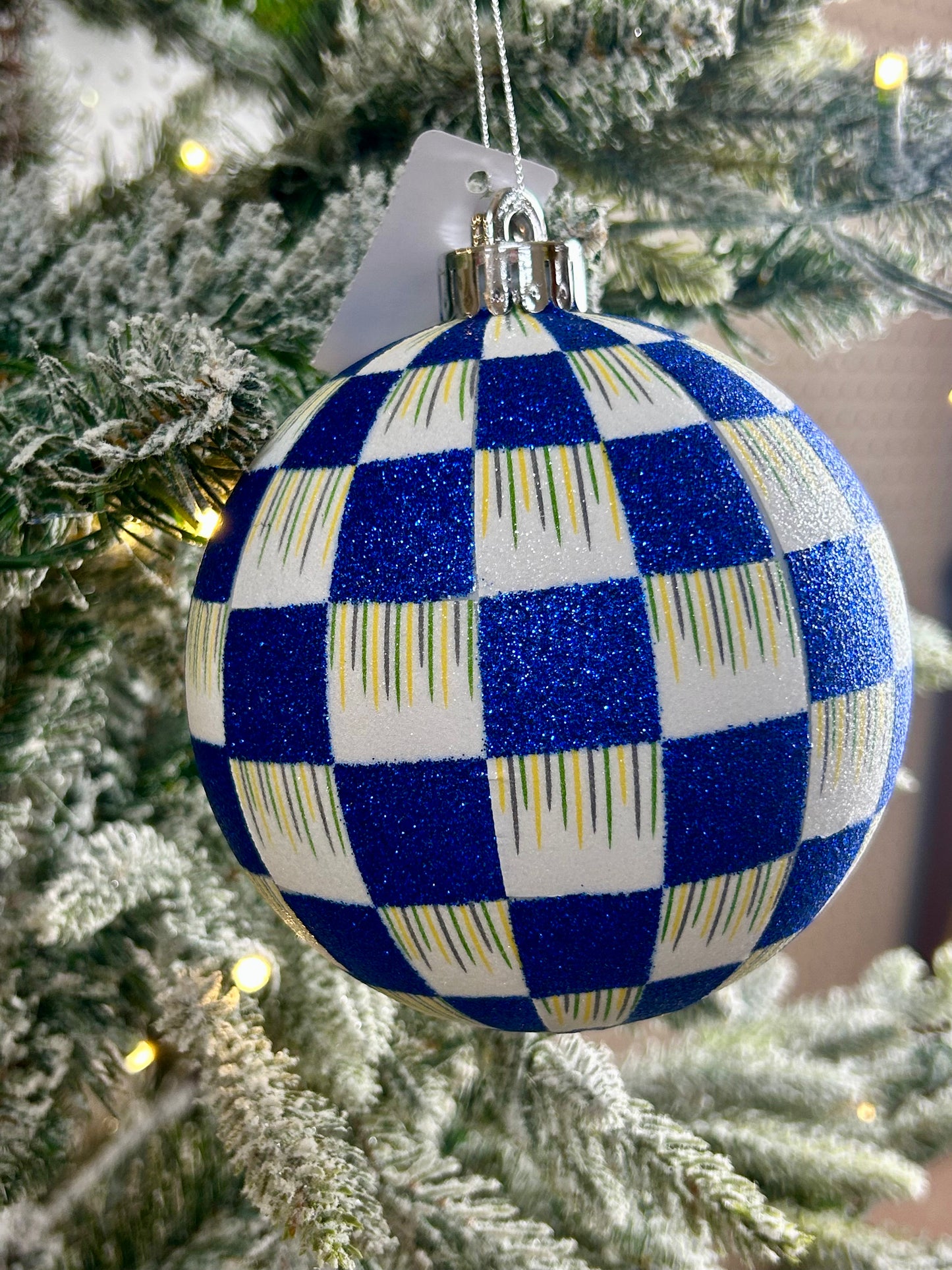 5 Inch Royal Blue Check Glitter Ornament
