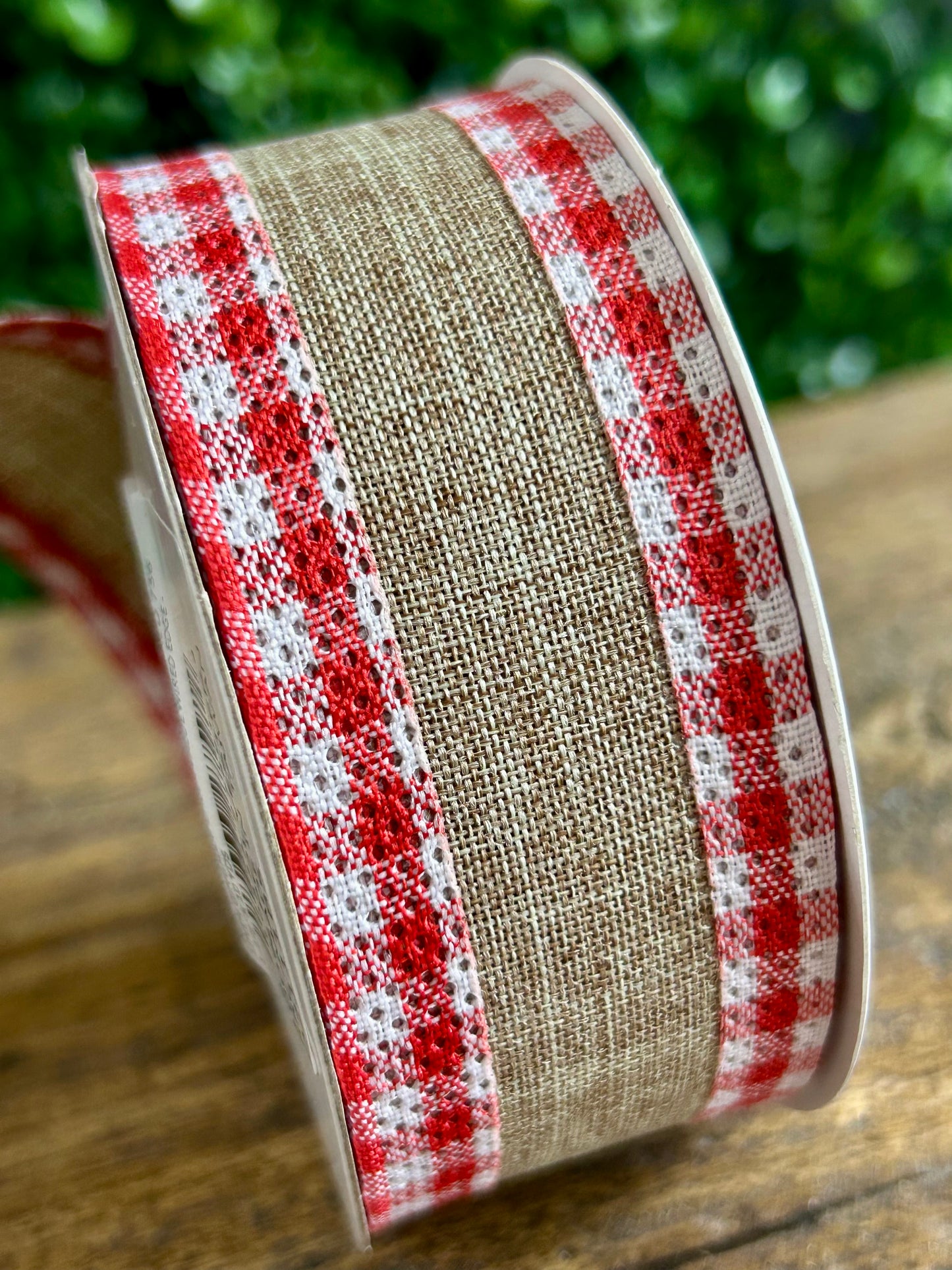 1.5 Inch Natural And Red Linen Gingham Check Ribbon