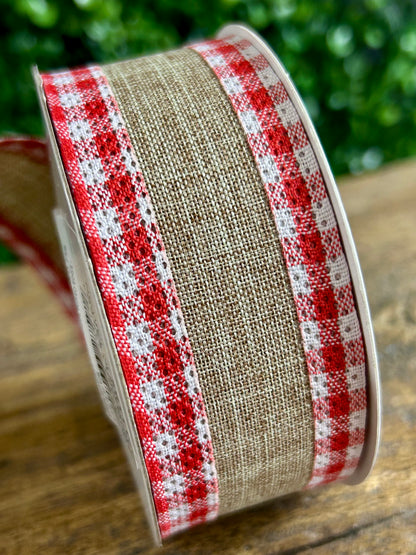 1.5 Inch Natural And Red Linen Gingham Check Ribbon