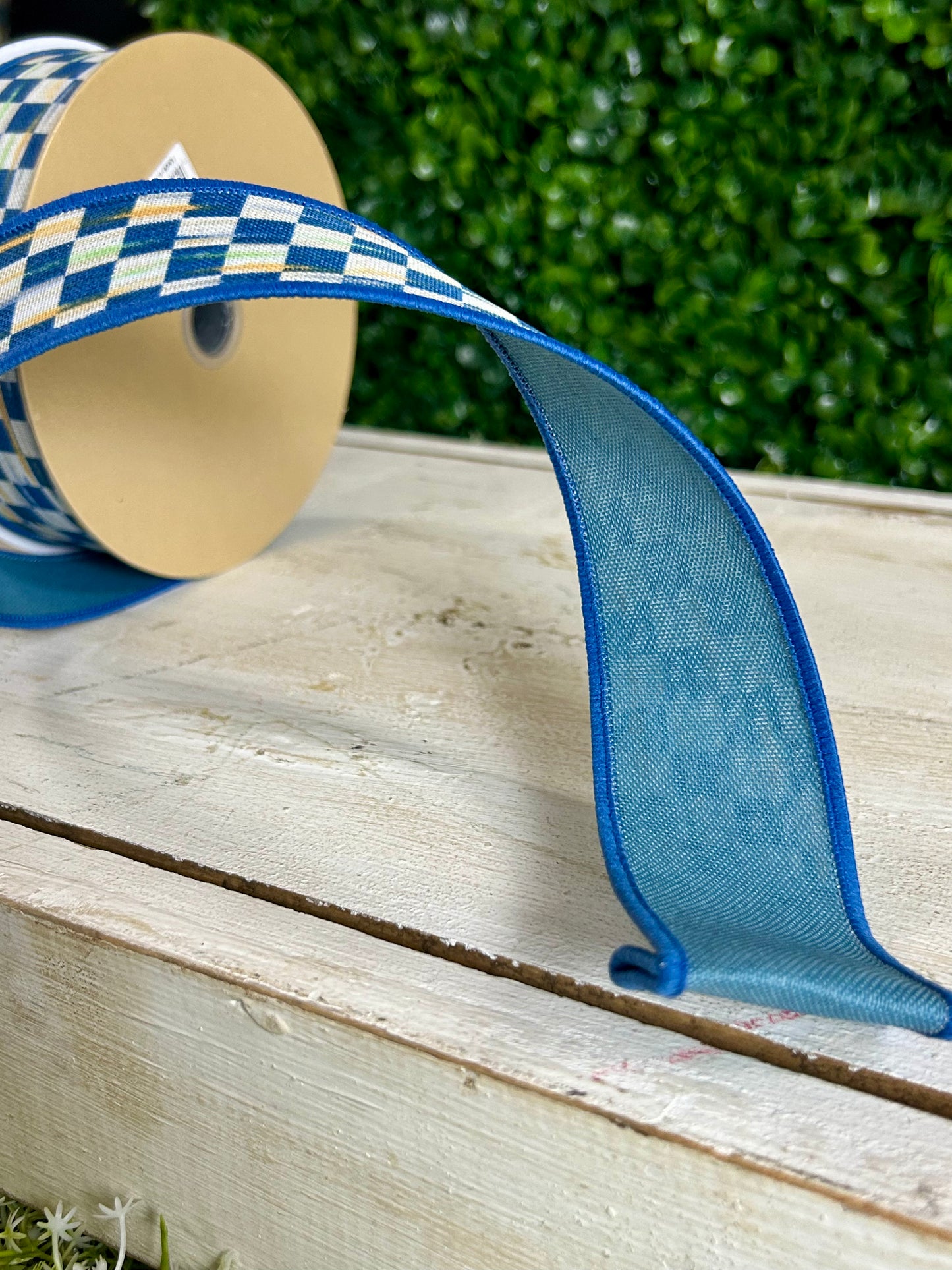 1.5 Inch By 10 Yard Beige And Blue Mini Antique Checkerboard Fused Ribbon