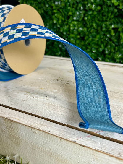 1.5 Inch By 10 Yard Beige And Blue Mini Antique Checkerboard Fused Ribbon