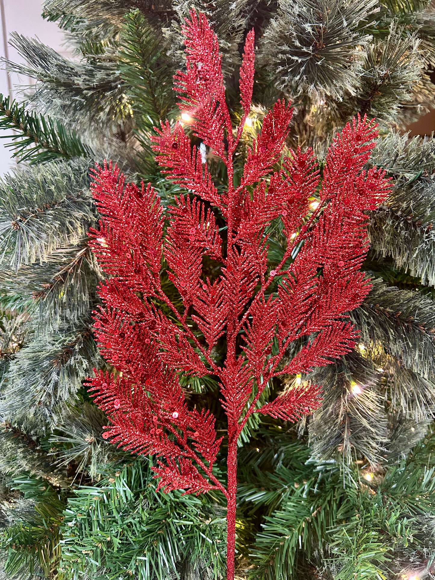 24 Inch Red Glitter Sequin Fern Spray
