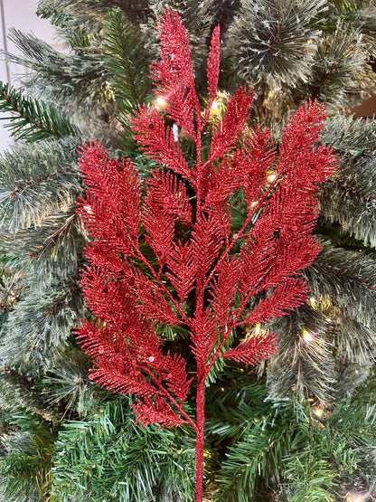 24 Inch Red Glitter Sequin Fern Spray