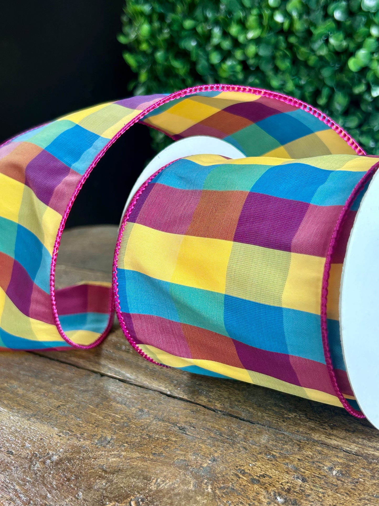 4 Inch By 10 Yard Pink Yellow And Blue Check Ribbon