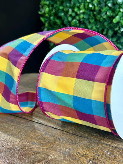 4 Inch By 10 Yard Pink Yellow And Blue Check Ribbon