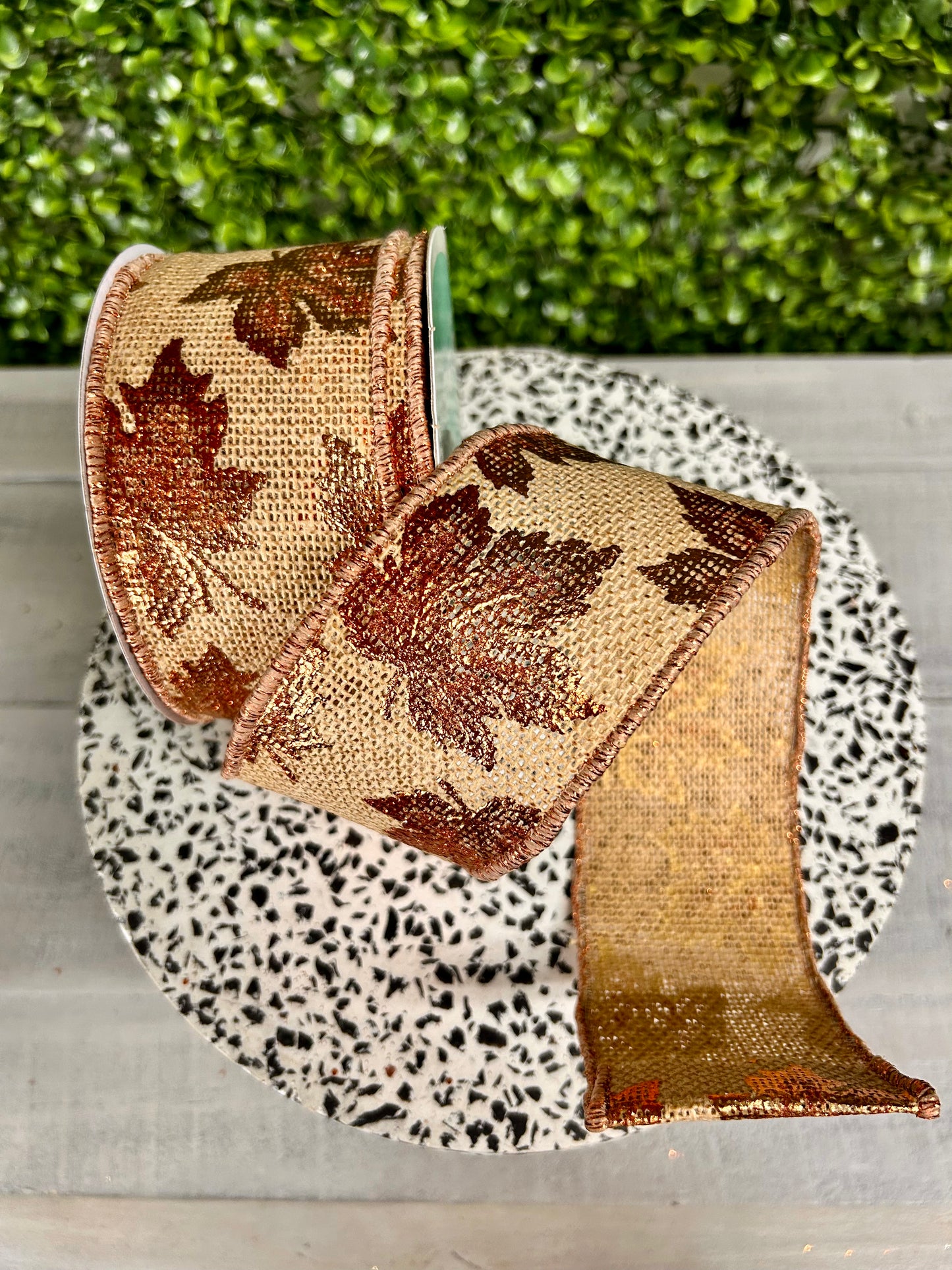 2.5 Inch By 10 Yard Natural Foil Maple Leaf On Faux Royal Ribbon