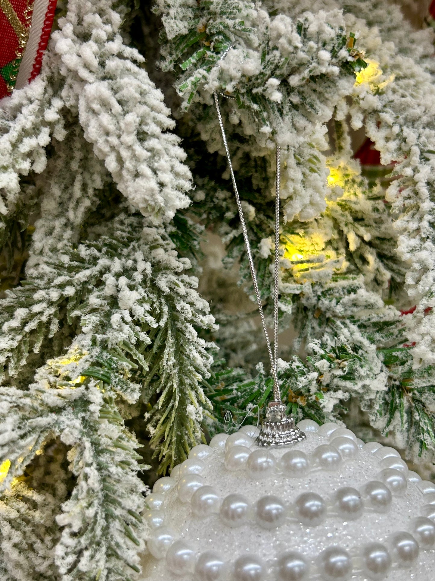 4 Inch White Glitter And Pearl Horizontal Stripe Ball Ornament