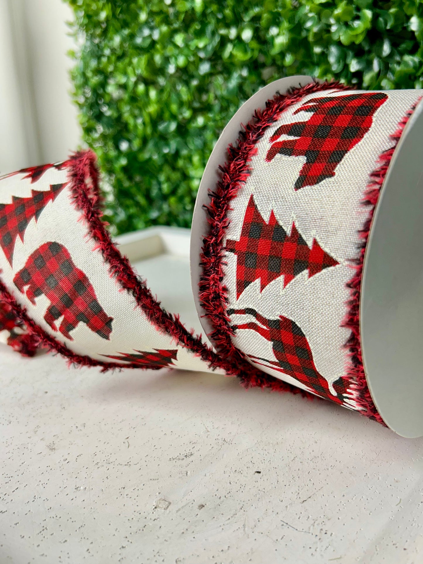 2.5 Inch By 10 Yard Plaid Moose Bear And Tree With Black And Red Drift Edge Ribbon