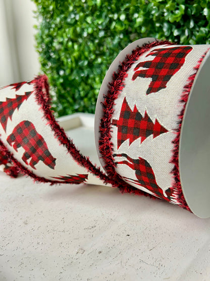 2.5 Inch By 10 Yard Plaid Moose Bear And Tree With Black And Red Drift Edge Ribbon