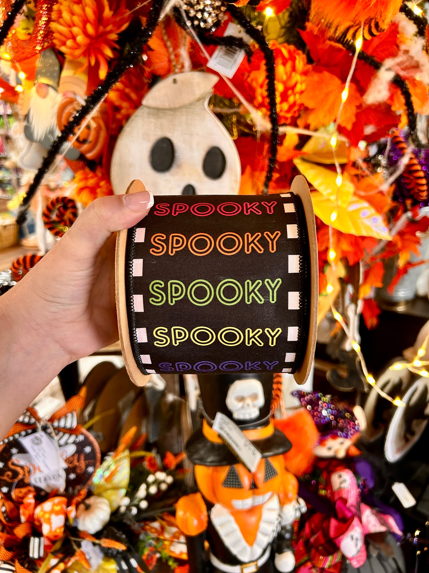 4 Inch By 10 Yard Bright Spooky On Black With Satin Orange Backing Ribbon