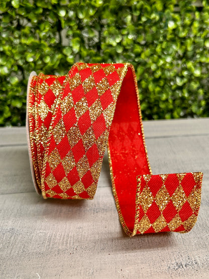 1.5 Inch By 10 Yard Red And Gold Glitter Harlequin Ribbon