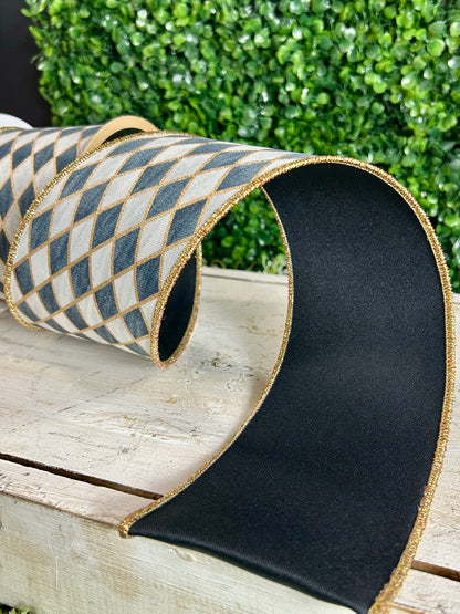 4 Inch By 10 Yard Cream Gold Grey And Black Antique Harlequin Fused Ribbon