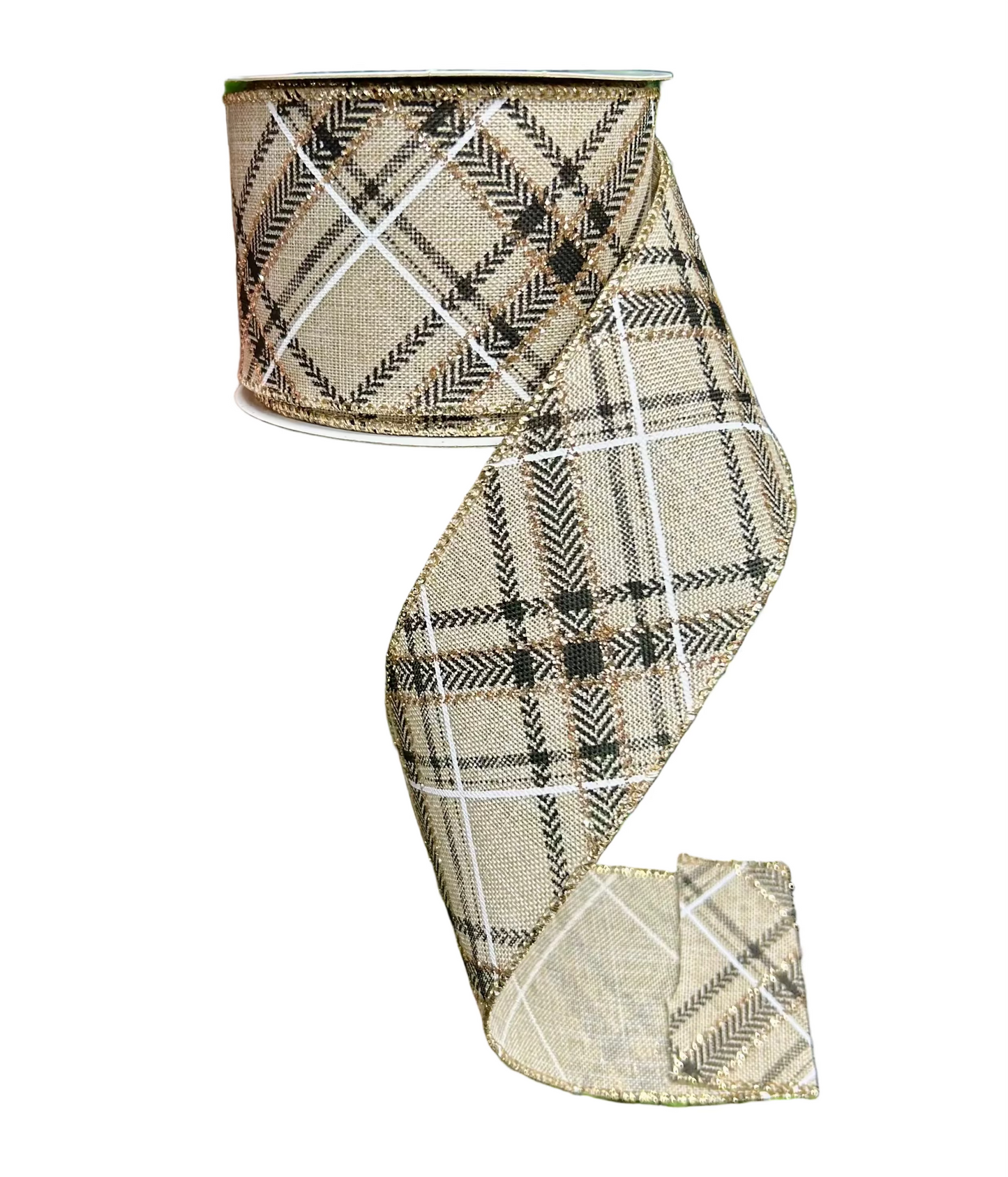 2.5 Inch By 10 Yard Natural Black And Gold Plaid Ribbon