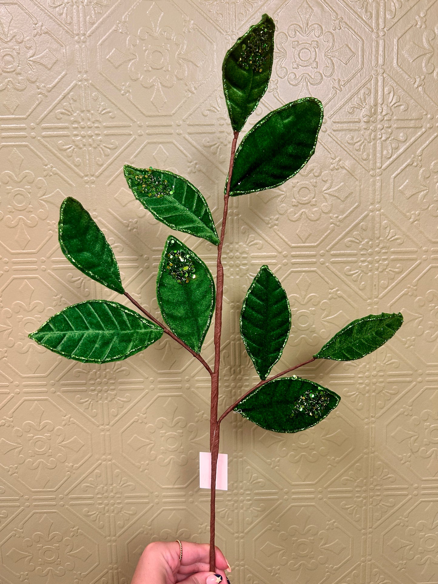 27 Inch Emerald Green Velvet And Glitter Magnolia Leaf Spray