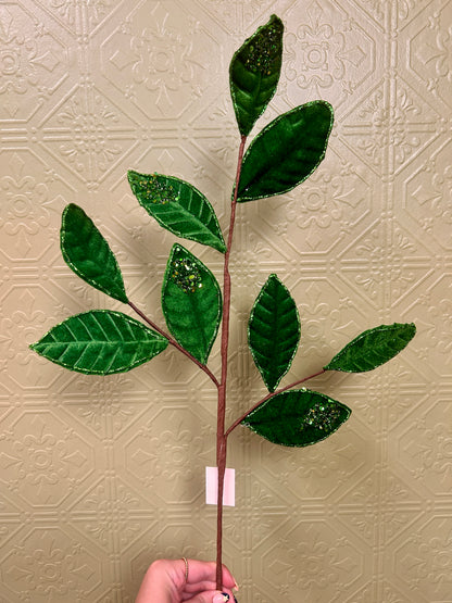 27 Inch Emerald Green Velvet And Glitter Magnolia Leaf Spray