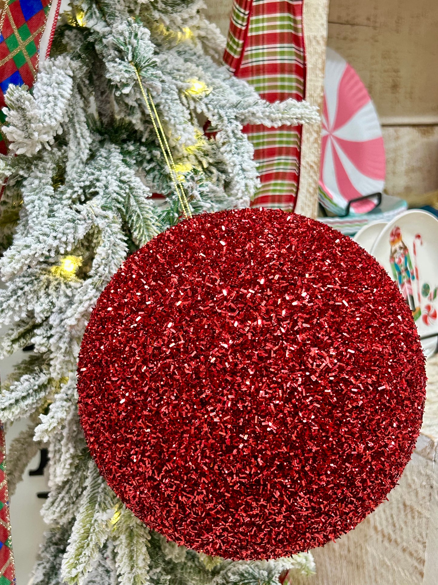 8 Inch Red Foil Glitter Ball Ornament