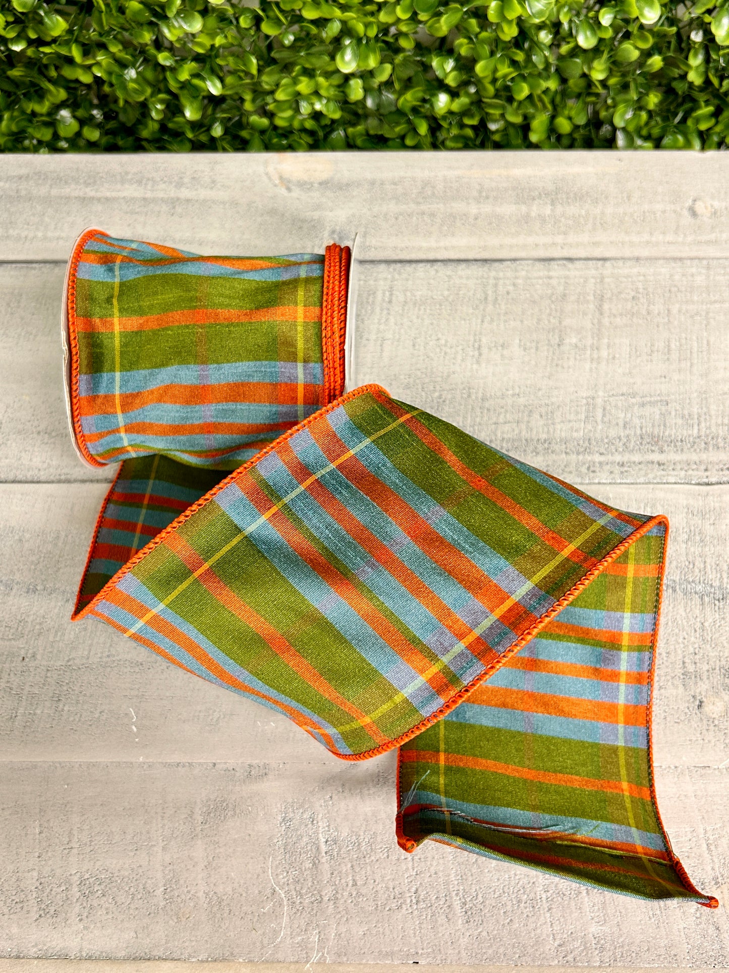 4 Inch By 10 Yard Moss Green Orange And Smoke Blue Faux Dupioni Plaid Ribbon