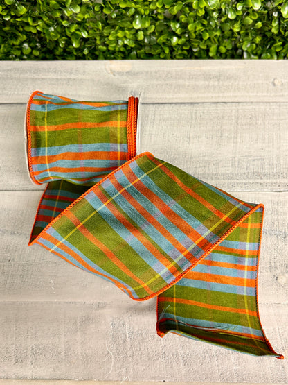 4 Inch By 10 Yard Moss Green Orange And Smoke Blue Faux Dupioni Plaid Ribbon