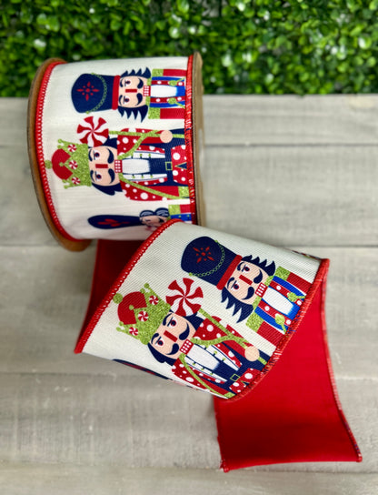 4 Inch By 10 Yard Printed Nutcracker With Red Backing Ribbon