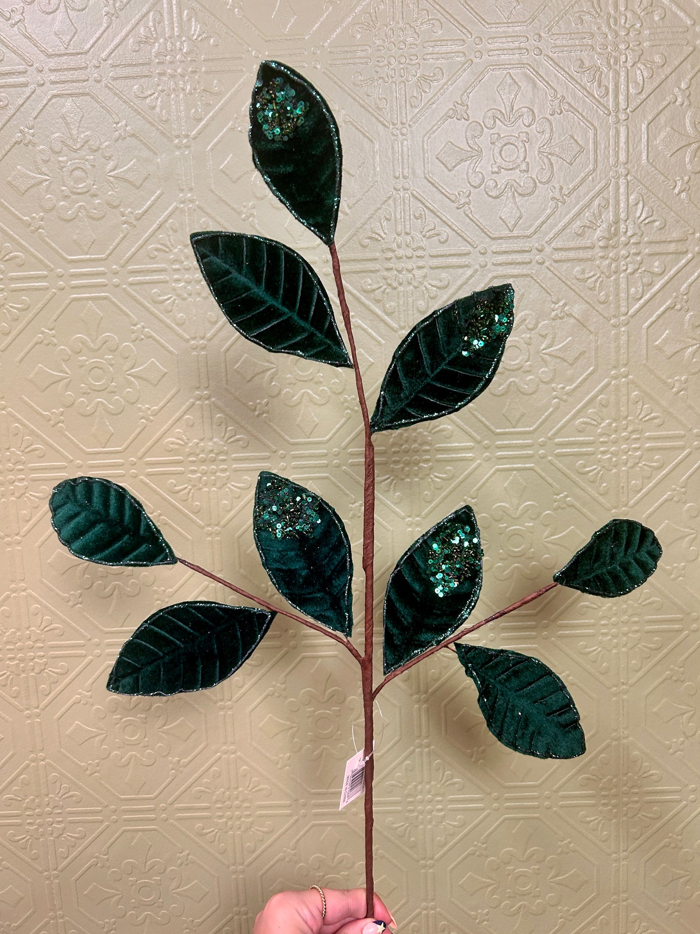 27 Inch Hunter Green Velvet And Glitter Magnolia Leaf Spray