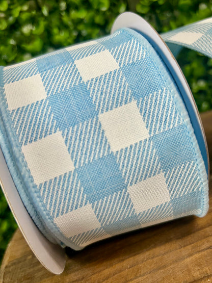 2.5 Inch By 10 Yard Pale Blue And White Striped Check On Royal Ribbon