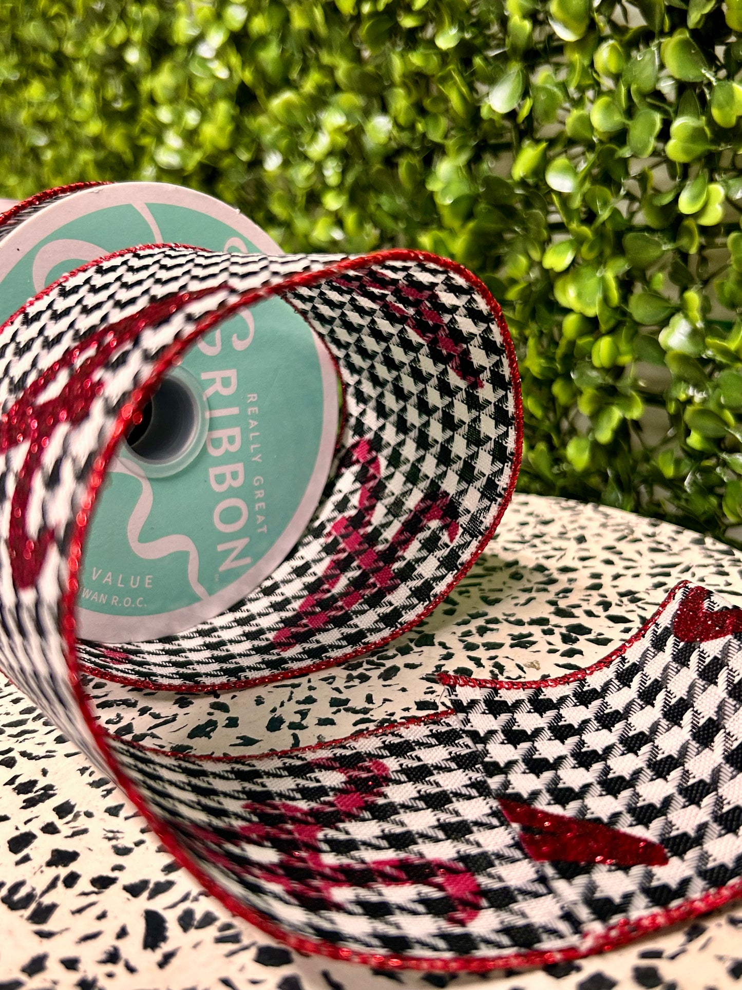 2.5 Inch By 10 Yard Red Glitter A On Houndstooth Ribbon