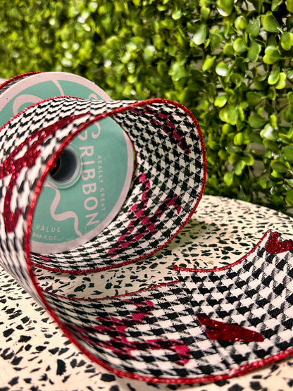 2.5 Inch By 10 Yard Red Glitter A On Houndstooth Ribbon