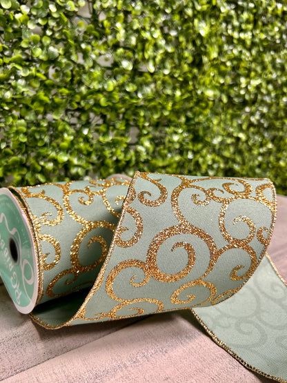 4 Inch By 10 Yard Sage Green And Gold Glitter Swirl Ribbon