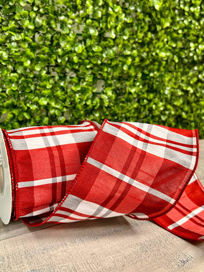 4 Inch By 10 Yard Red And Silver Grand Dupioni Plaid Ribbon