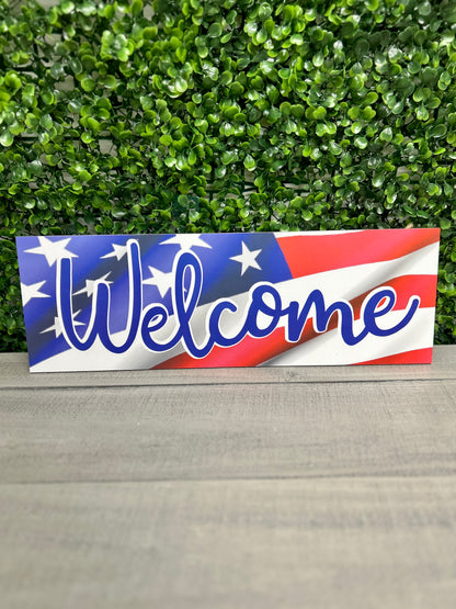 15 Inch Welcome American Flag Wood Sign