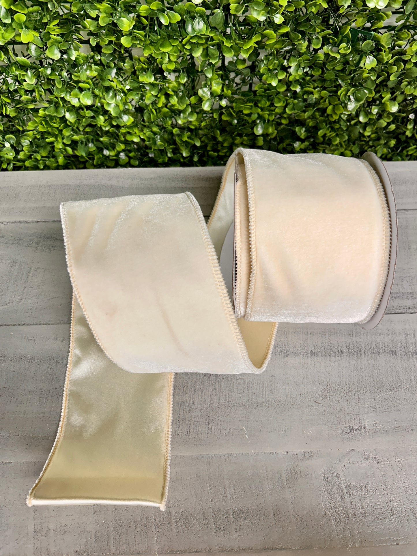 4 Inch By 10 Yard Cream Deluxe Velvet With Satin Backing Ribbon