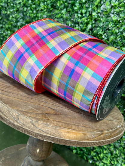 4 Inch By 10 Yards Strawberry Plaid Deluxe Mesh Backed Wired Edge
