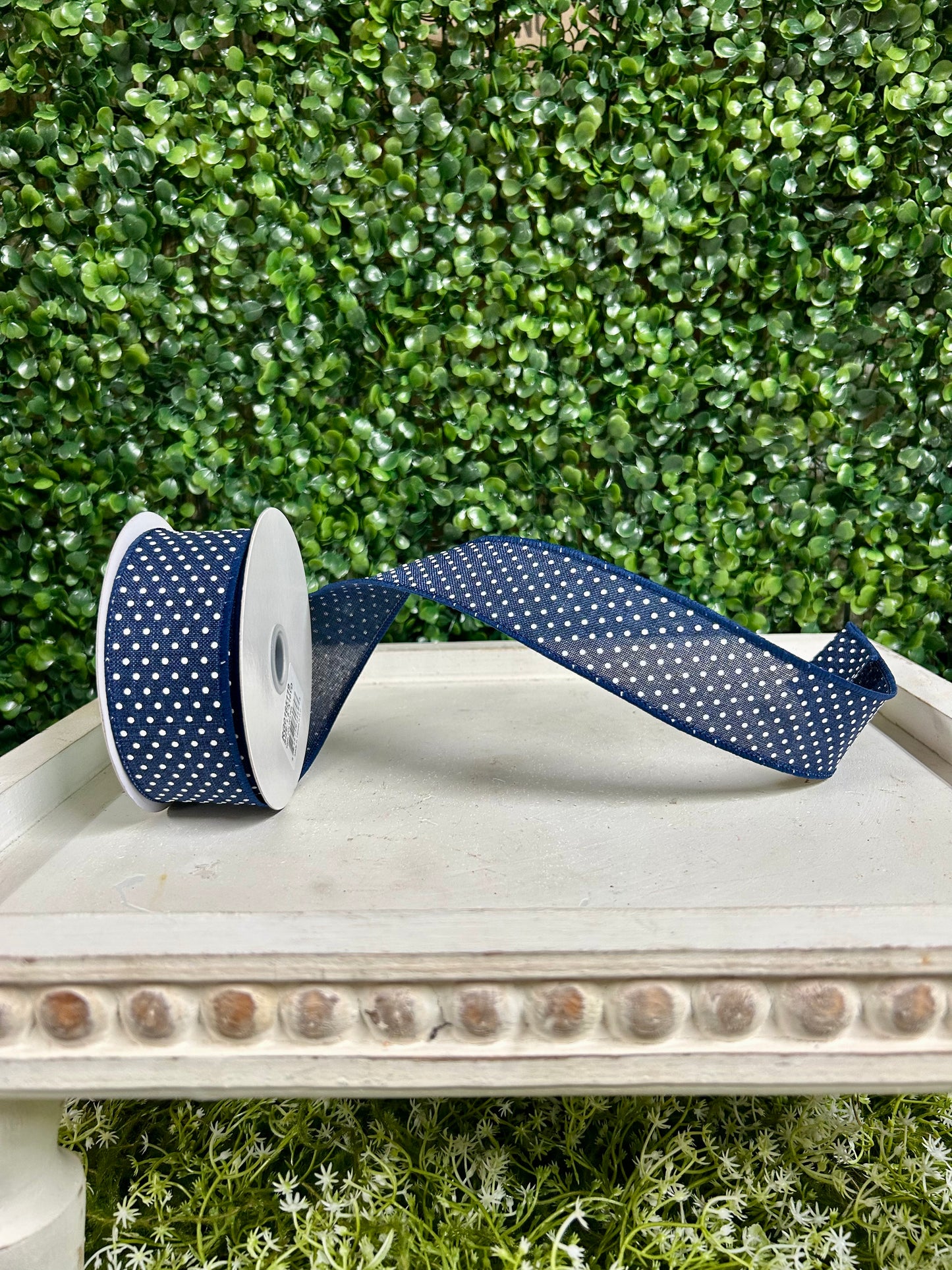 1.5 Inch By 10 Yard Navy Blue And White Raised Swiss Dots On Royal Ribbon