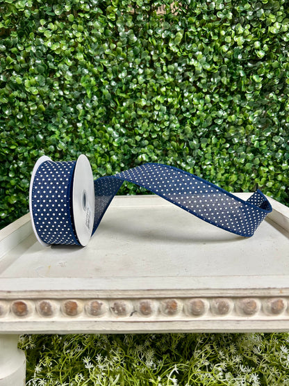 1.5 Inch By 10 Yard Navy Blue And White Raised Swiss Dots On Royal Ribbon
