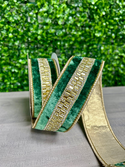 John Mark 1.5 Inch By 5 Yard Green Velvet Jeweled Center Fused Backing Ribbon