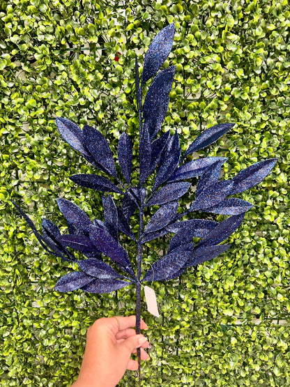 23 Inch Navy Blue Glitter Bay Leaf Spray