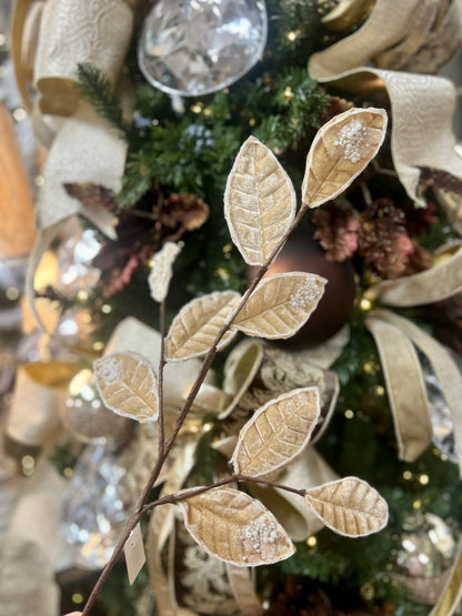 27 Inch Taupe Pearl Velvet And Glitter Magnolia Leaf Spray