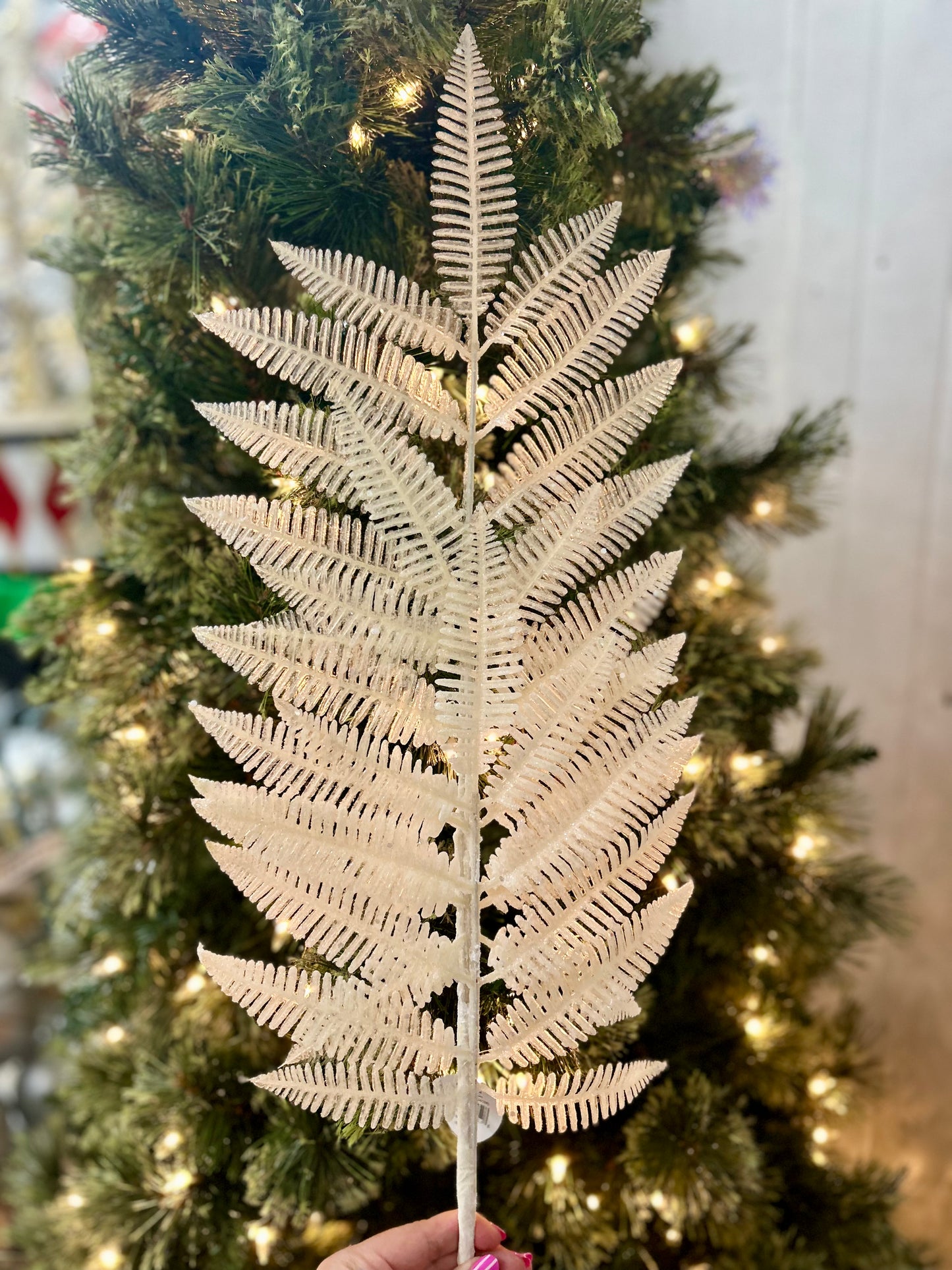 34 Inch Glitter Forest Fern Spray White