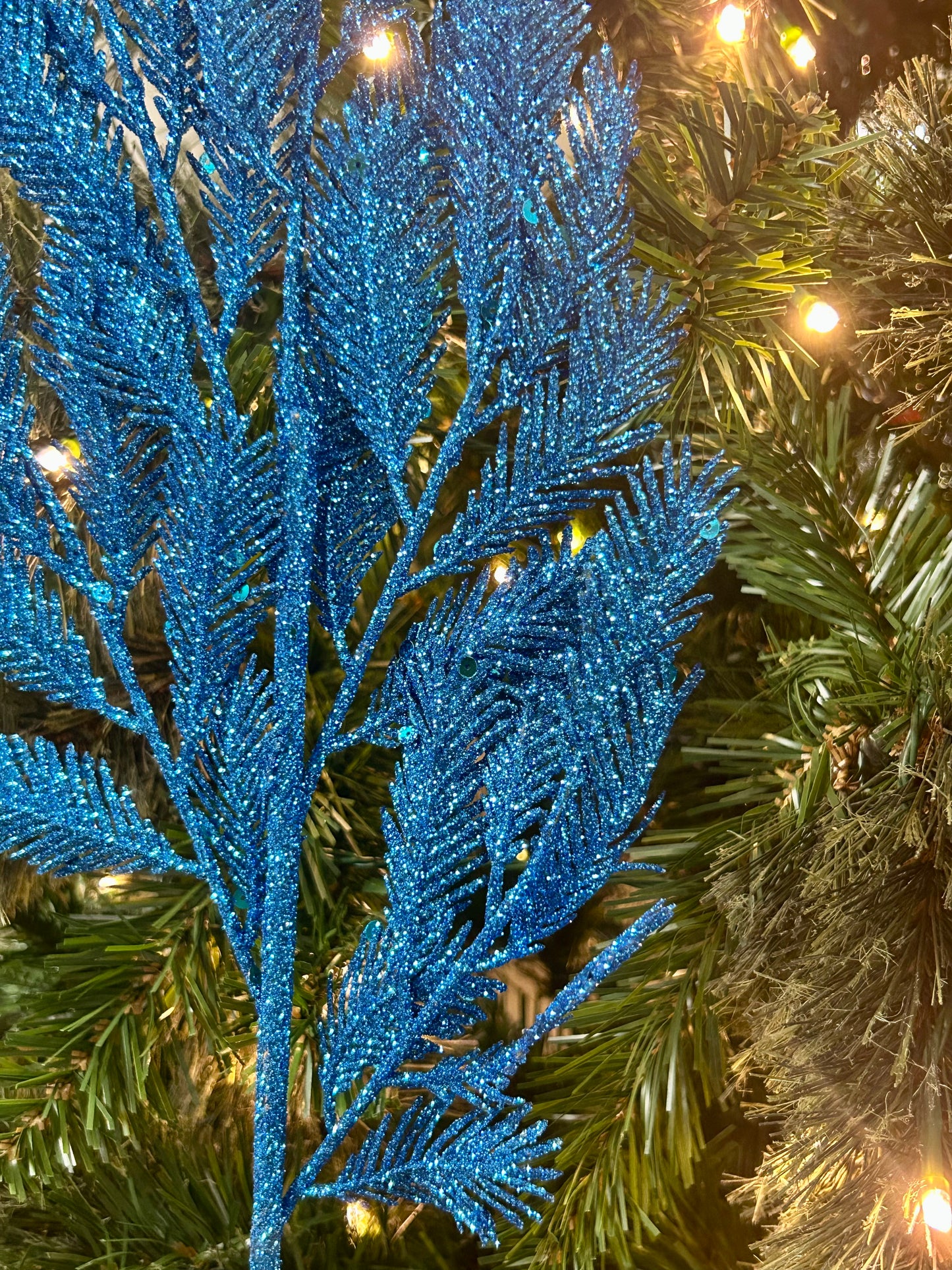 24 Inch Blue Glitter Sequin Peacock Fern Spray