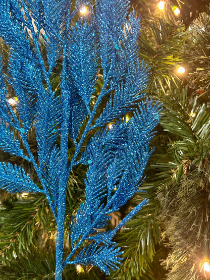 24 Inch Blue Glitter Sequin Peacock Fern Spray