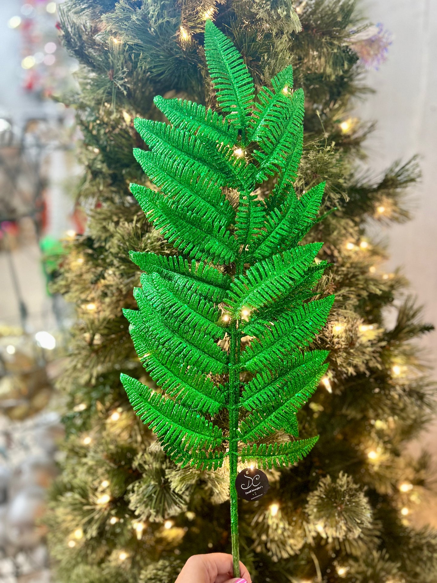 34 Inch Glitter Forest Fern Spray Dark Green