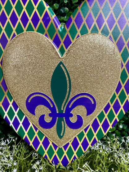 12 Inch Metal Harlequin Mardi Gras Heart Sign