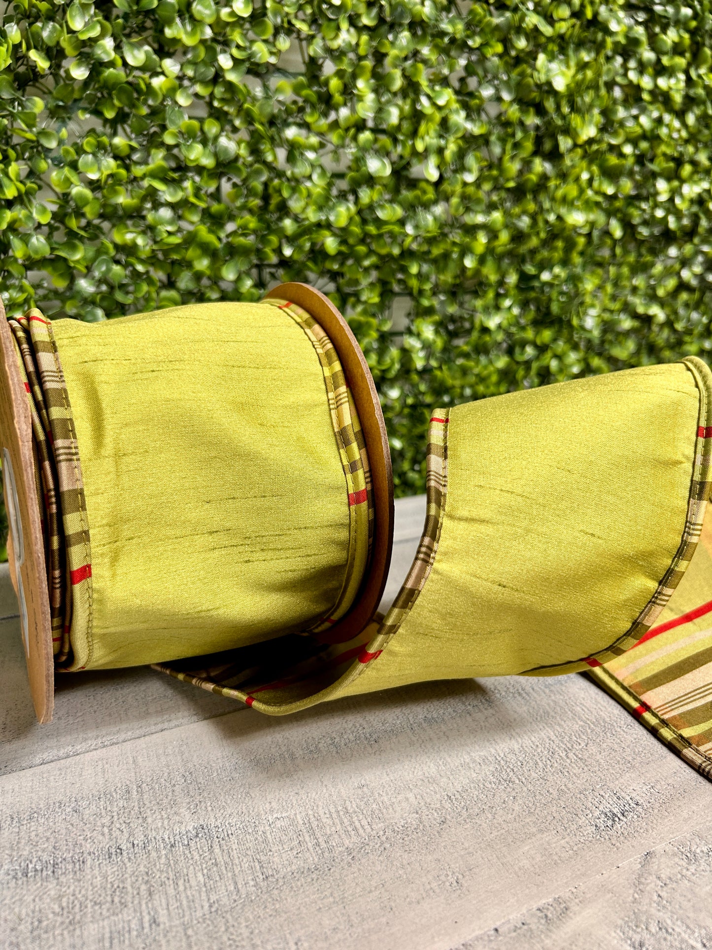 4 Inch By 10 Yard Moss With Moss Plaid Piping Reversible Dupioni Ribbon