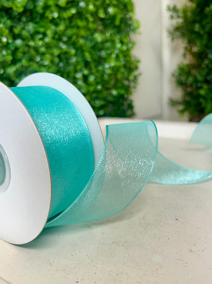 1.5 Inch By 25 Yard Aqua Snow Organza Unwired Ribbon