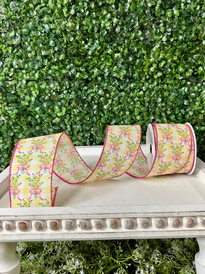 2.5 Inch By 10 Yard Orange Bouquet Pink Bow On Yellow And White Check Ribbon
