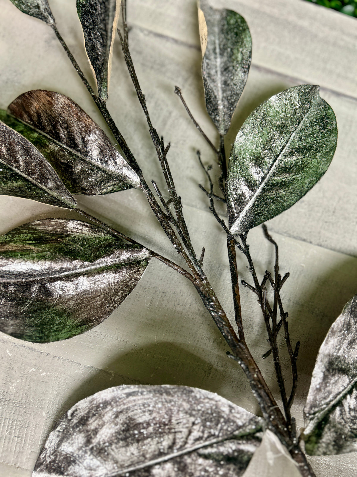 32 Inch Coffee And Silver Metallic Magnolia Leaf Spray