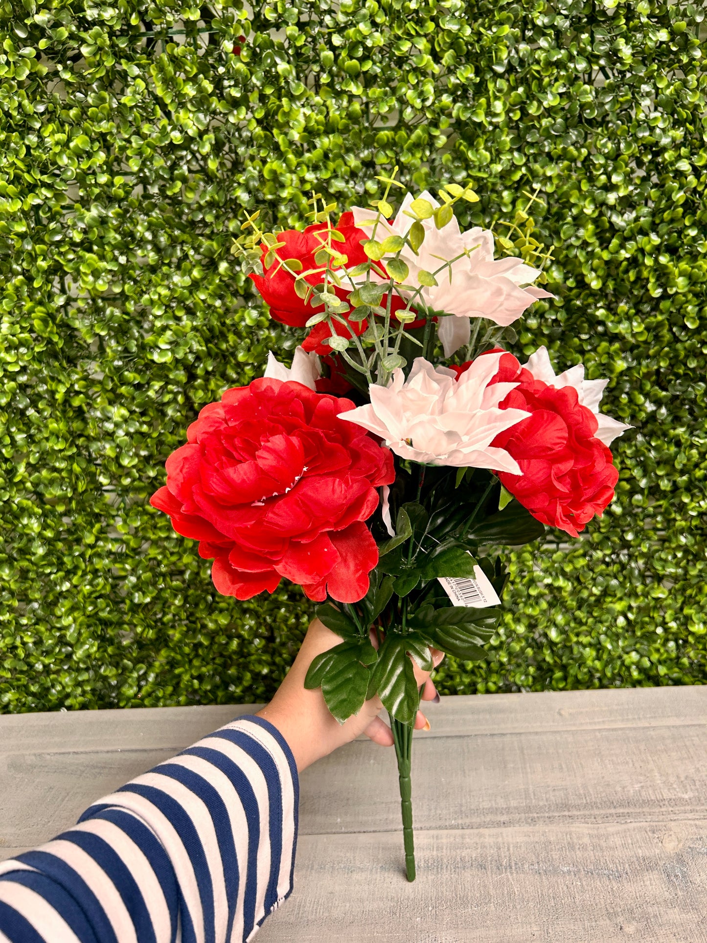 19 Inch Red And White Peony Poinsettia Bush