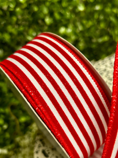 1.5 Inch By 10 Yard Red And White Glitter Velvet Vertical Lines Ribbon
