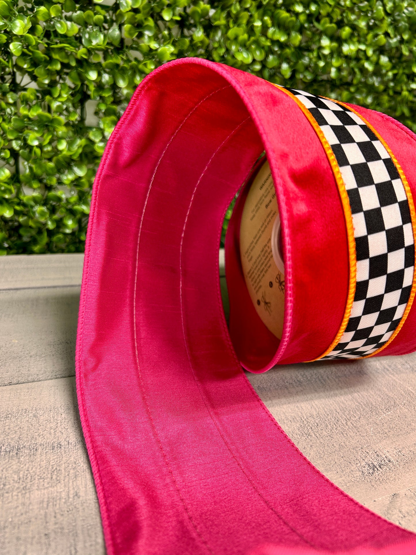 4 Inch By 10 Yard Hot Pink And Orange With Check Middle Ribbon