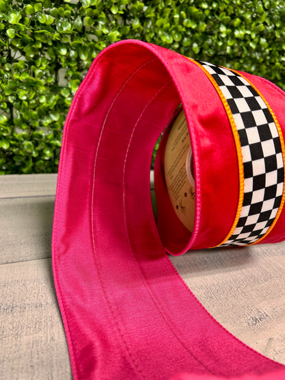 4 Inch By 10 Yard Hot Pink And Orange With Check Middle Ribbon